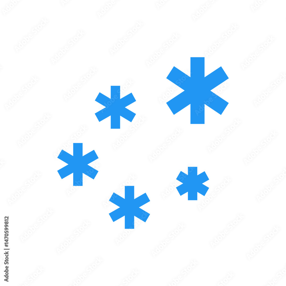 Poster illustration of five light blue asterisk shapes arranged on a white background in a scattered patter
