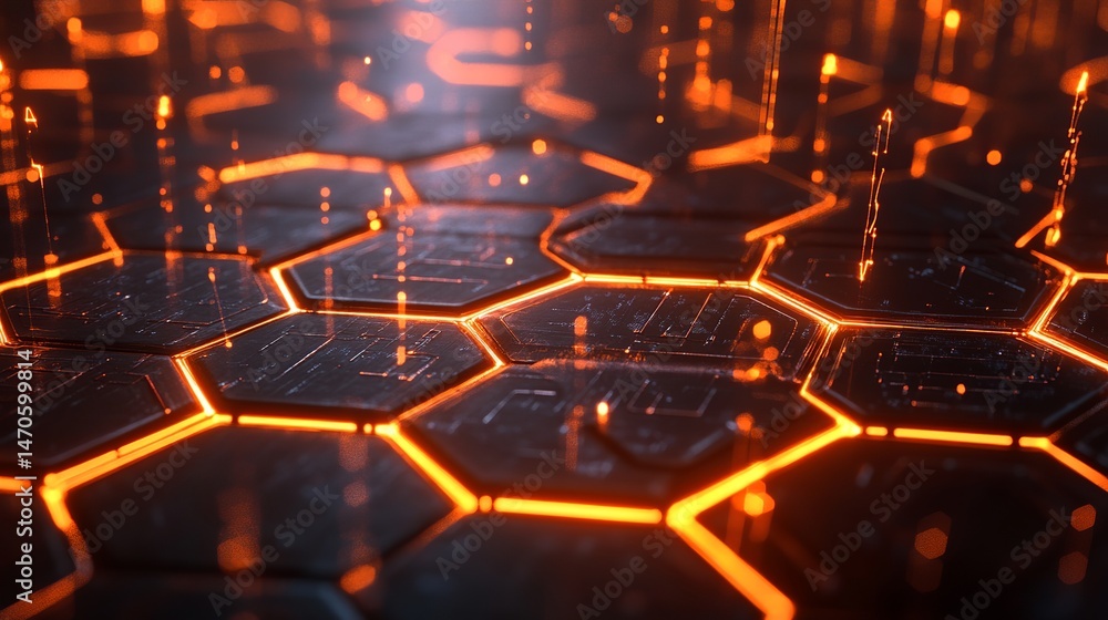 Aufkleber abstract hexagon pattern glowing orange futuristic technology background 3d red dark grid dark data