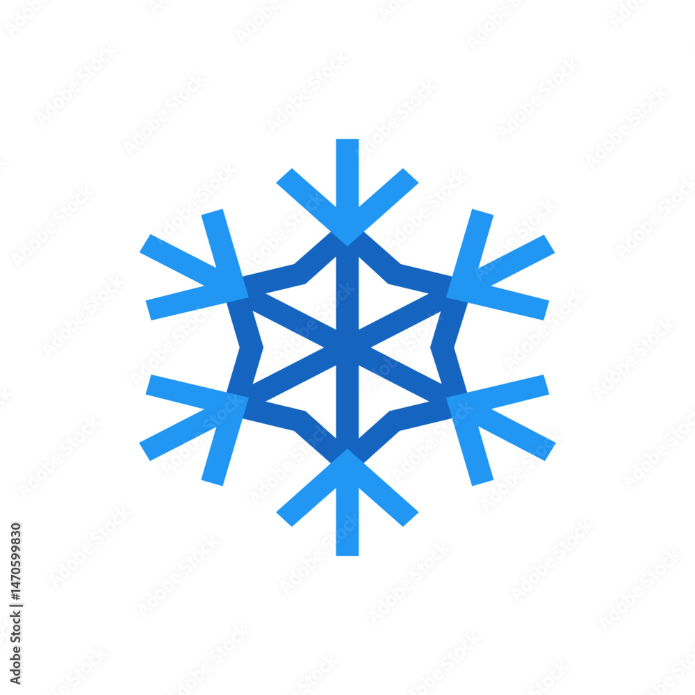 Poster a stylized blue snowflake with six points and geometric design on a white background creating a wint