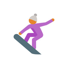 Obraz premium Person in purple suit snowboarding with a gray board and wearing a white hat with a gray pom pom on top