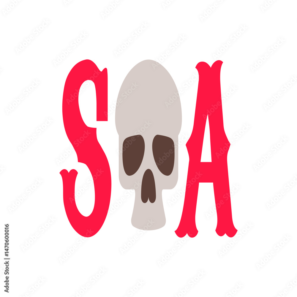 Poster stylized soa text with a skull in the middle in red and gray colors on a white background design sty