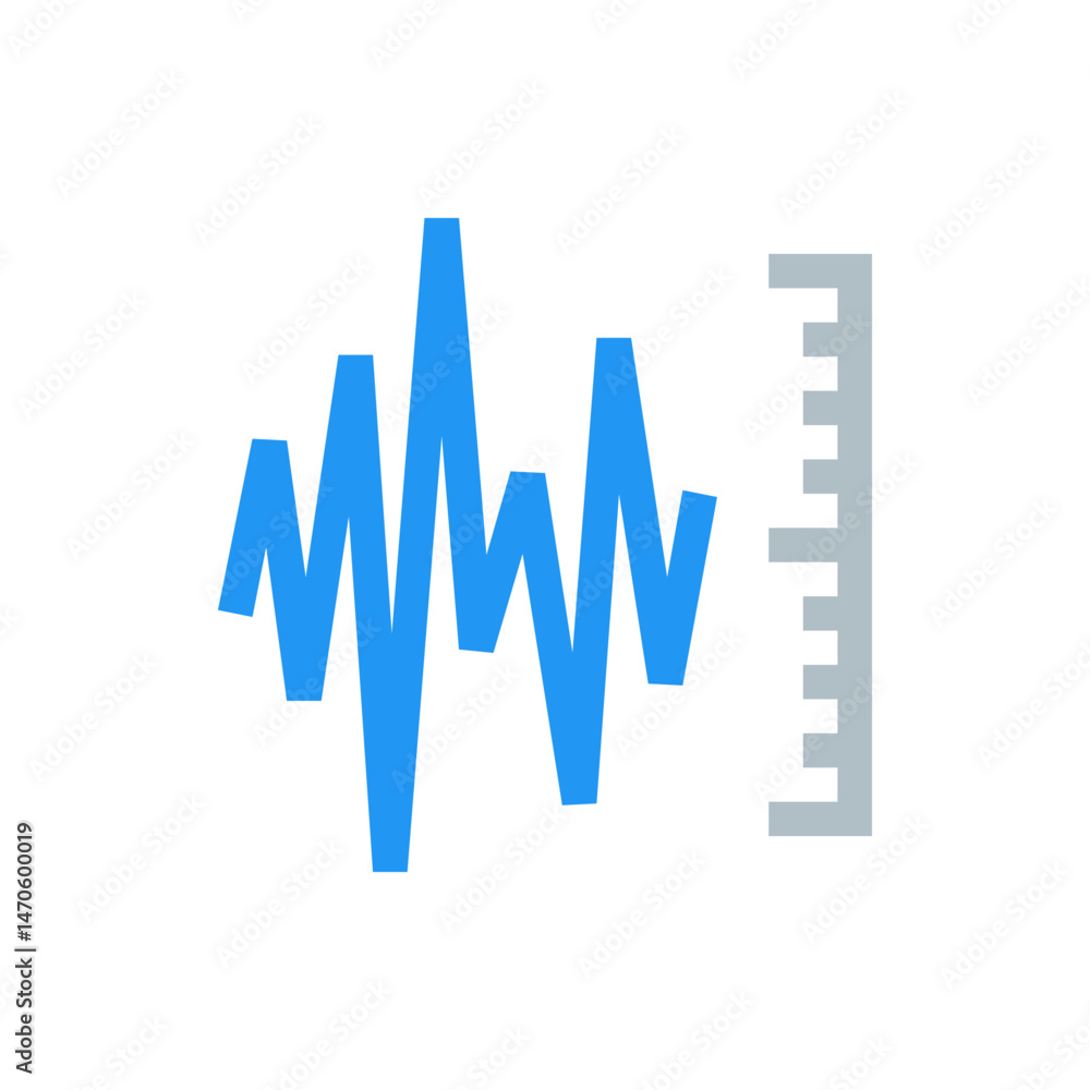Poster a blue zigzag waveform next to a gray vertical ruler with evenly spaced tick marks on a white backgr