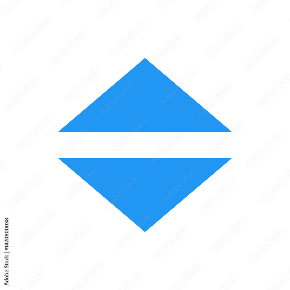 Poster two blue triangles facing opposite directions separated by a white space on a white background image