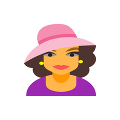 Illustration of a woman with brown curly hair wearing a pink hat and purple shirt with yellow earrings