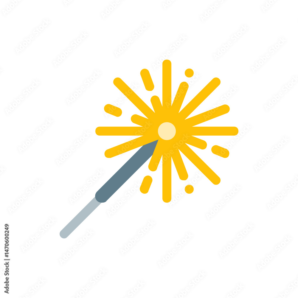 Poster illustration of a single sparkler with golden sparks emanating from a gray handle on a white backgro
