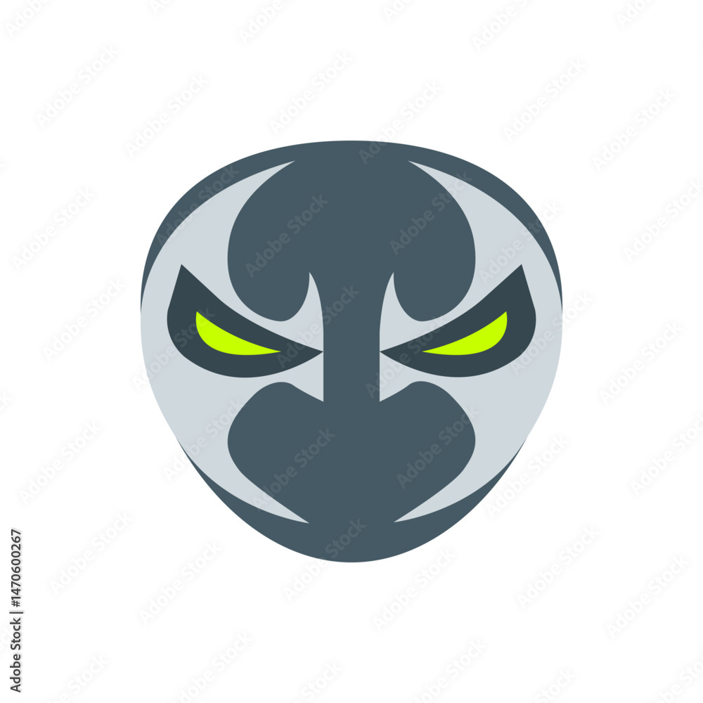 Poster a stylized depiction of a mask with sharp features and glowing eyes in a flat vector illustration st