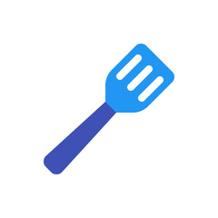 Illustration of a blue slotted spatula with a dark blue handle on a white background showing cooking tool