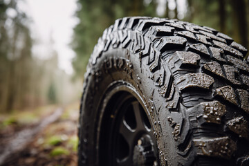 all-terrain tire tread packed with mud, water dripping from deep grooves