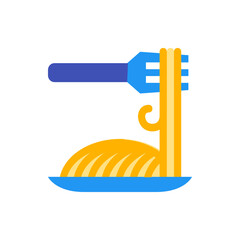 Illustration of a fork holding spaghetti noodles above a plate, showcasing a stylized depiction of pasta dish