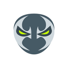 A stylized depiction of a mask with sharp features and glowing eyes in a flat vector illustration style