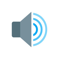 Illustration of a gray speaker with blue sound waves emanating from it on a white background design icon