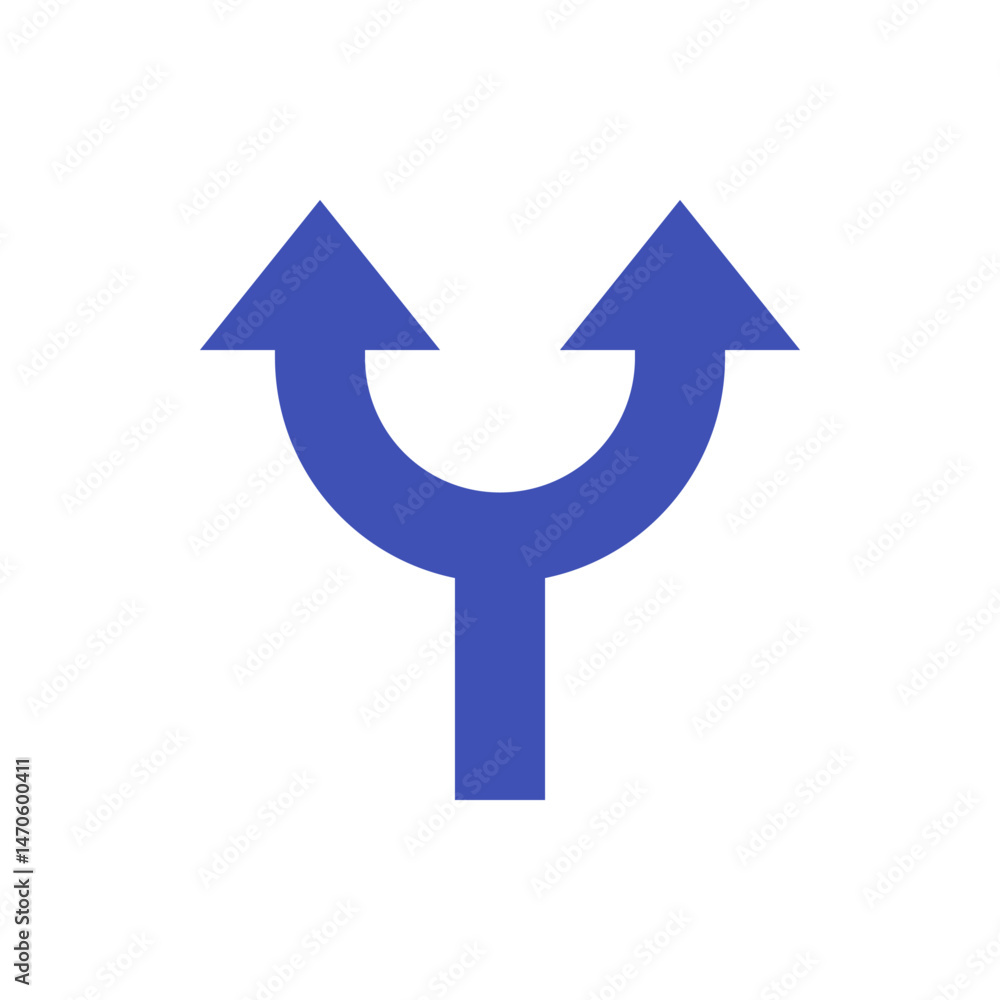 Poster illustration of a blue y shaped arrow splitting into two upward pointing arrows on a white backgroun