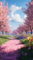 A springtime path lined with cherry blossoms.  Soft-focus effect