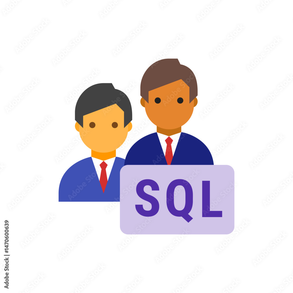 Poster two stylized figures in suits with red ties standing behind a sign displaying the text sql in purple