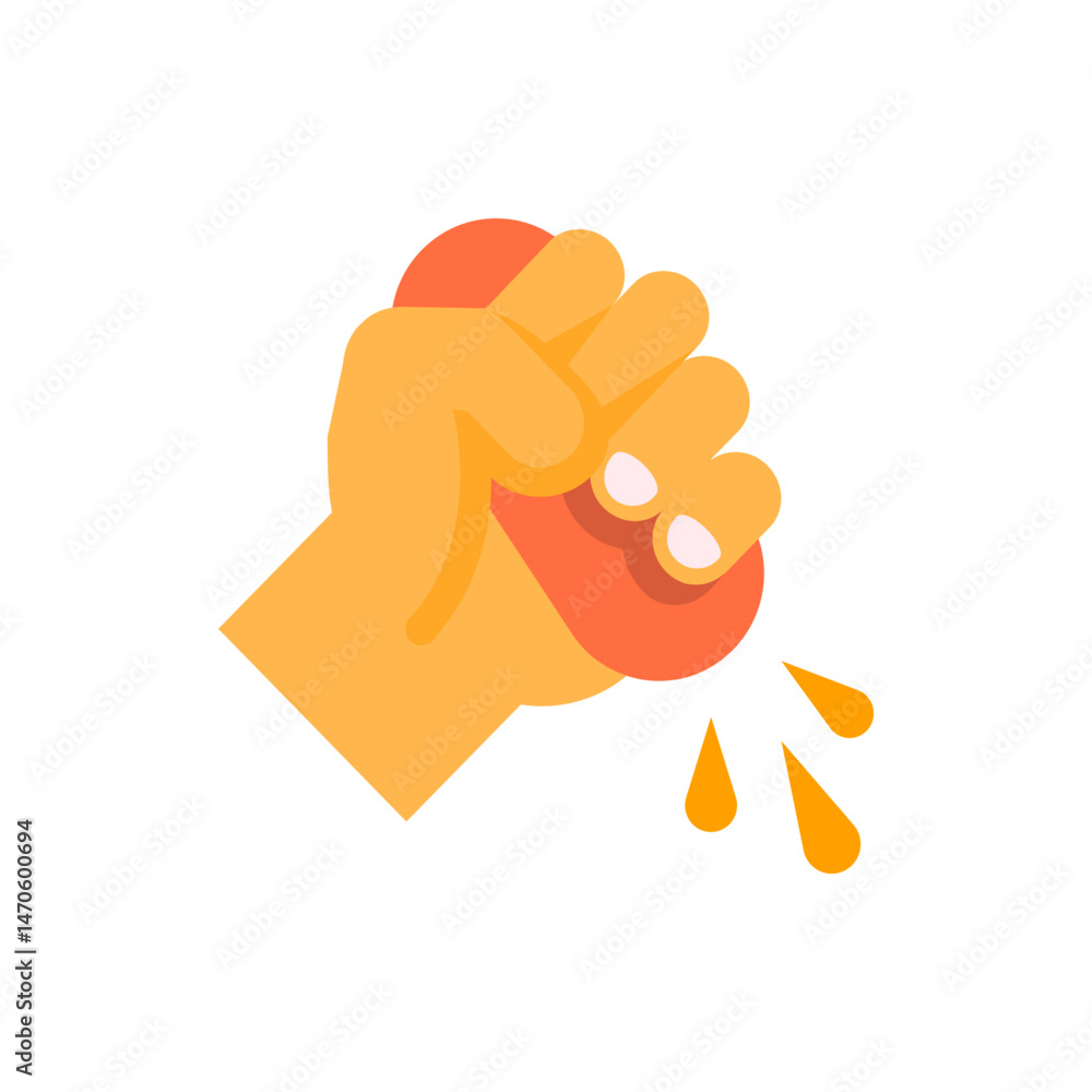 Poster illustration showing a hand squeezing a red object with liquid droplets coming out on a white backgr