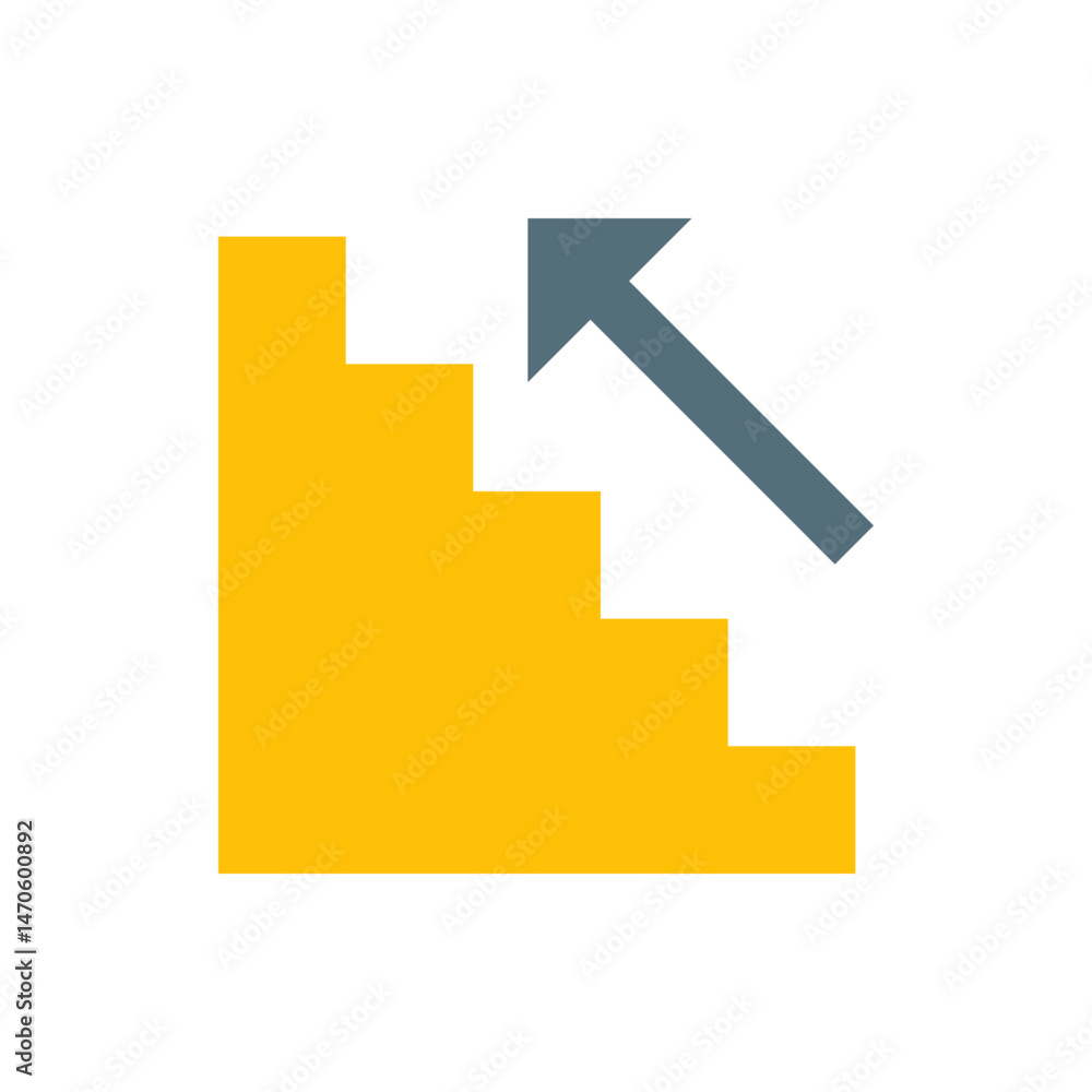 Poster a yellow staircase with three steps and a gray arrow pointing upwards on a white isolated background