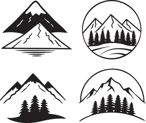 a collection of silhouetted mountains, a mountain range, mountain peaks, snowy mountains, rocky cliffs, rugged terrain, monochrome landscape, abstract mountain shapes, minimalist mountain icons, simpl