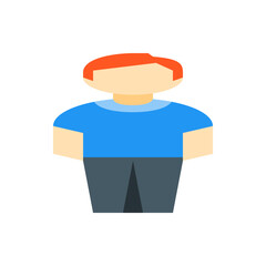 Illustration of a person with red hair wearing a blue shirt and gray pants standing straight up front view