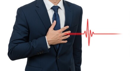 Businessman heart issue concept with red pulse icon, chest pain symbol, corporate health risk, stress management visual, cardiac emergency warning, workplace wellness concern