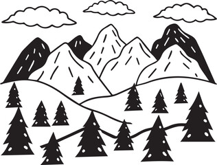 a collection of silhouetted mountains, a mountain range, mountain peaks, snowy mountains, rocky cliffs, rugged terrain, monochrome landscape, abstract mountain shapes, minimalist mountain icons, simpl