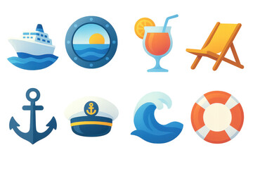 Icon set for cruise relaxation: ship, sunset, cocktail, deck chair, anchor, captain hat, wave, lifebuoy. Flat icon set