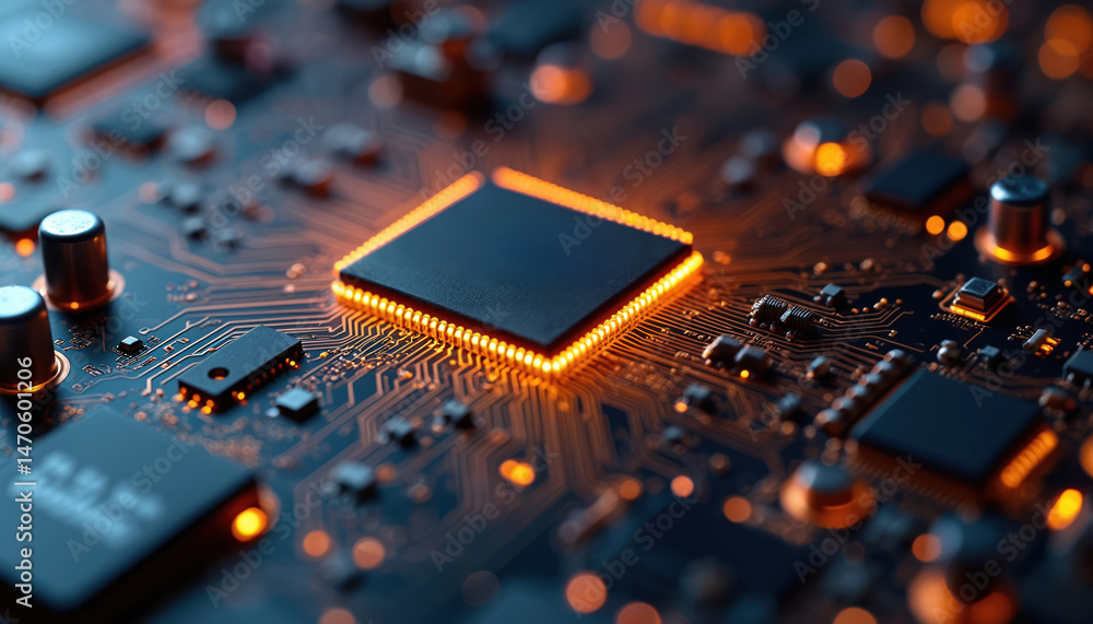 Aufkleber close-up of circuit board with glowing processor chip. modern tech design, orange, blue hues. microe