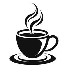 Stylized black and white cup with steam sits on a saucer elegantly