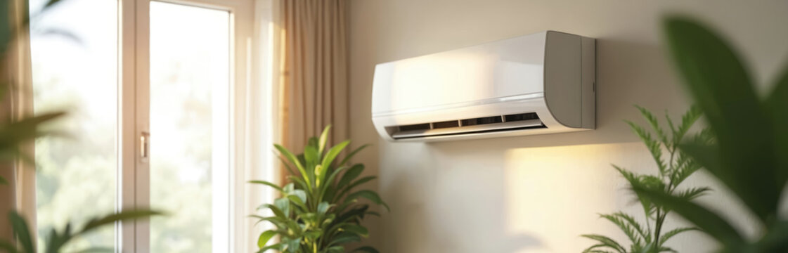 White air conditioner on beige wall in modern living room. Home climate control equipment. Plants near window. Fresh air ventilation, cooling system, indoor comfort. Smart home tech.