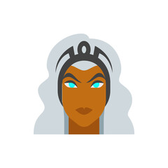 Illustration of a woman with brown skin, glowing blue eyes, and white hair wearing a black headpiece