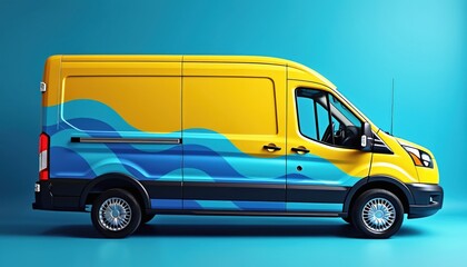 Dynamic vehicle wrap design company truck side view in urban setting. Yellow, blue colours, brand promotion. Eye-catching advertising, commercial fleet, brand presentation. Modern display of