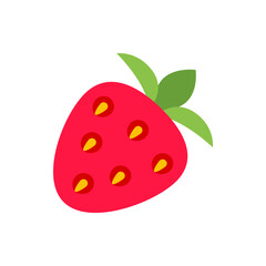 Illustration of a single red strawberry with green leaves and yellow seeds on a white background image