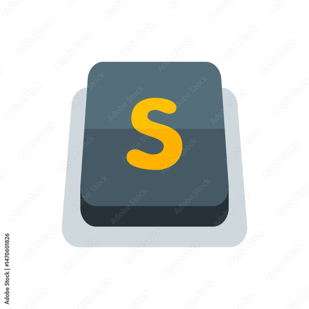 Poster illustration of a gray square button with rounded corners displaying a yellow letter s in the center