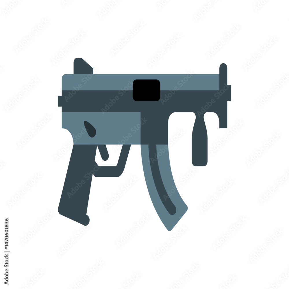 Poster illustration of a submachine gun with a curved magazine and a dark gray color scheme on a white back