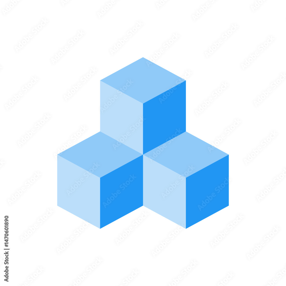 Poster three blue cubes arranged in a triangular pattern with a light blue hue on a white isolated backgrou