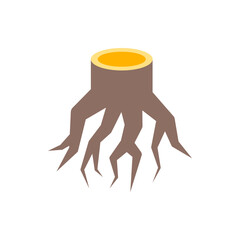 Illustration of a tree stump with visible roots and a yellow interior on a white background design art