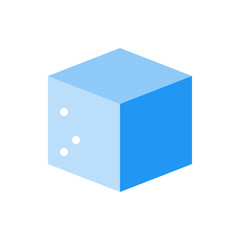 Isometric blue cube with three white circles on its side casting shadows on a white background view
