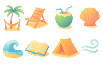 Beachside serenity icons set – palm, chair, coconut, shell, wave, book, tent, breeze. Flat icon set