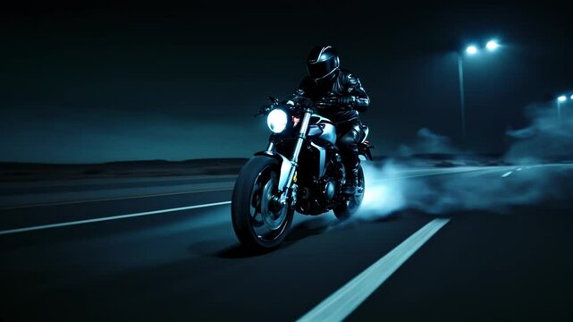 Realistic cinematic scene of a motorcyclist speeding down a deserted road at night, with dramatic motion blur and stylized smoke trails forming from the wheels

