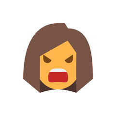 Illustration of an angry cartoon woman with brown hair and an open mouth expressing frustration or rage
