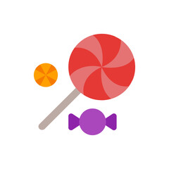 Illustration of a red and pink swirled lollipop with a round orange candy and a purple wrapped candy