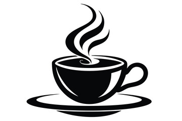Steaming black cup on saucer showing aromatic swirls, on transparent background
