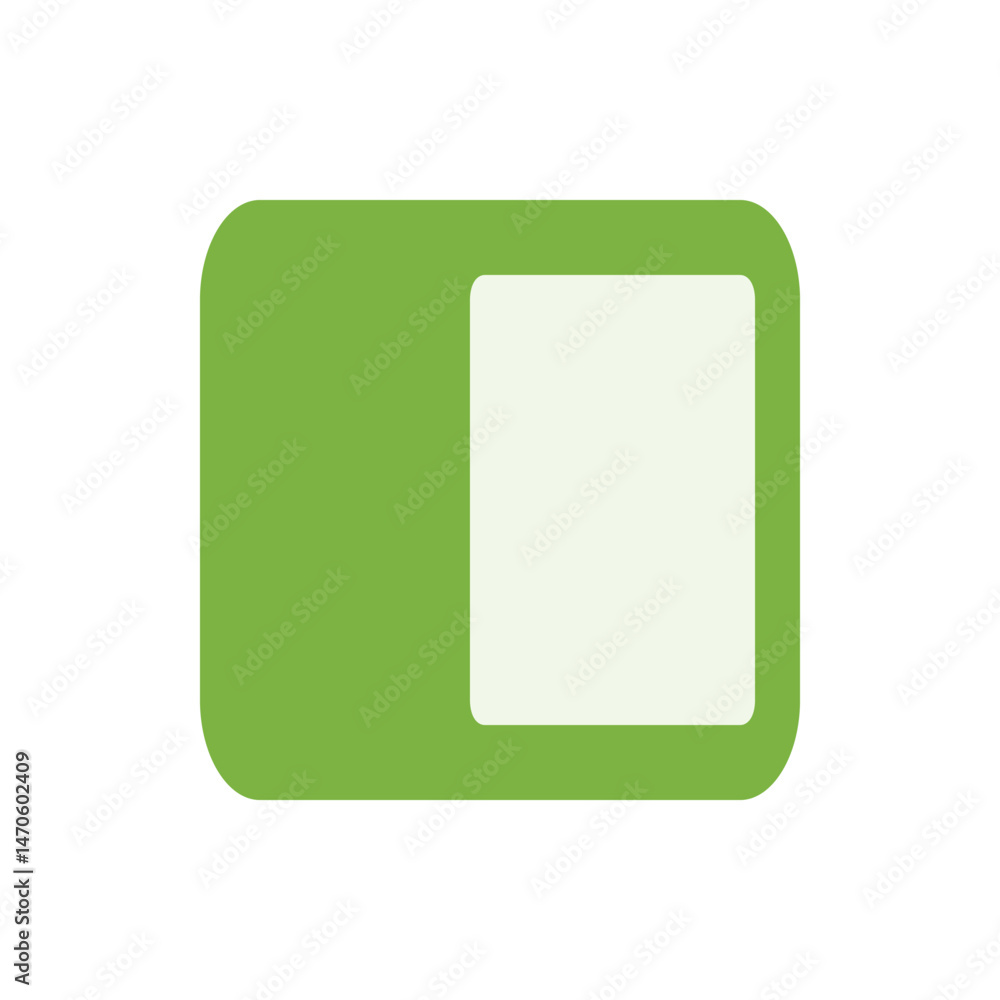 Poster green rectangle with rounded corners and a white square inside, positioned on the right side of the 