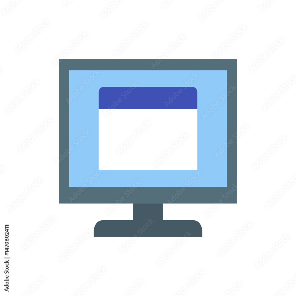 Poster illustration of a computer monitor with a blue header and a white screen displayed centrally here