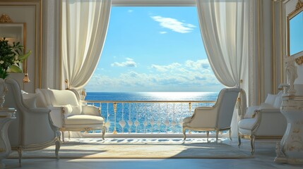 Fototapeta premium Luxury Ocean View Room with White Furniture and Gold Accents