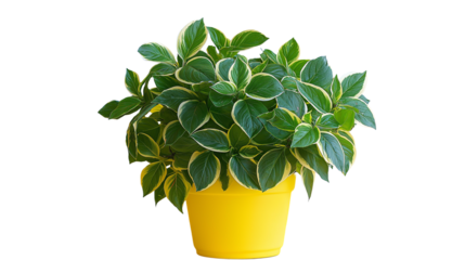 A short , leafy green plant with thick stems, sitting in a simple, smooth yellow pot  isolated on white background or transparent png 

