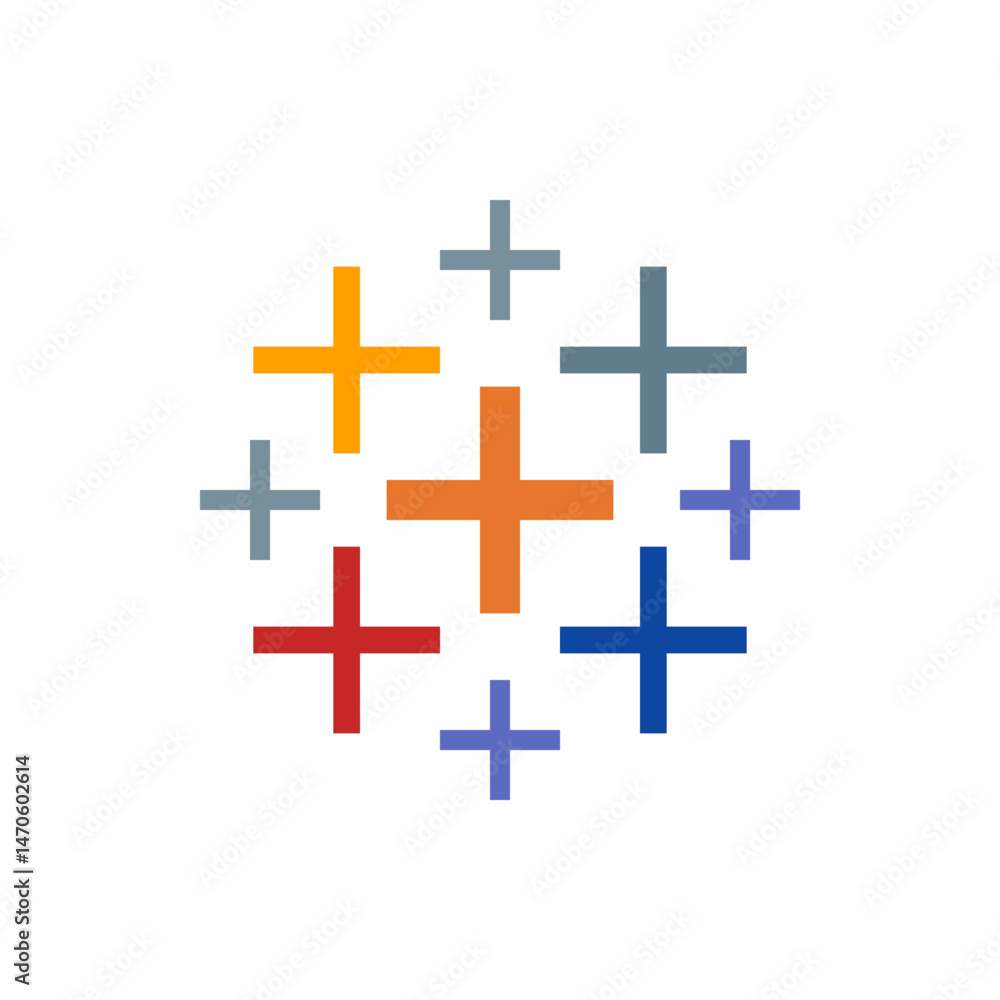 Poster a collection of plus signs in various colors arranged in a circular pattern on a white background vi