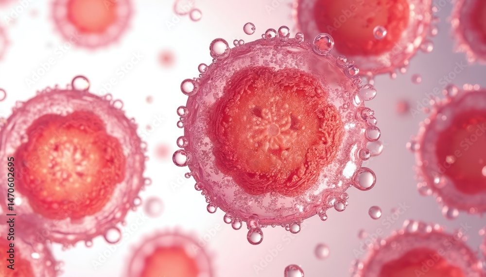 Poster microscopic illustration of red astaxanthin cells in liquid. detailed view of cells with bubble-like