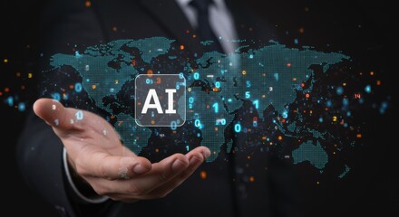 Businessman holding a holographic map representing global artificial intelligence and digital network strategy for international data insight