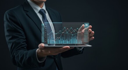 Businessman presenting a futuristic chart with artificial intelligence insights and performance metrics on a transparent digital display