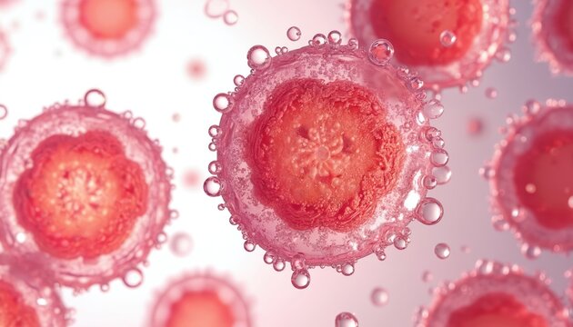 Microscopic illustration of red astaxanthin cells in liquid. Detailed view of cells with bubble-like structures, showing biological life, scientific research. Astaxanthin powerful antioxidant used in